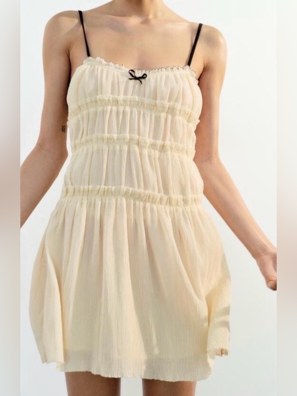 Zara NWT Romantic Coquette Ruched Babydoll Bow Spaghetti Strap Mini Dress (XS) - Picture 4 of 7